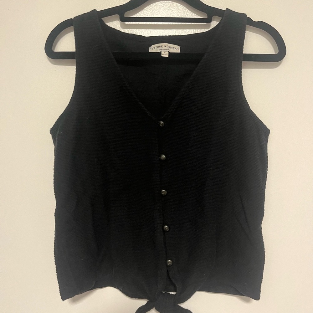 Madewell Black Sleeveless Knit Button-Front Tank with Tie